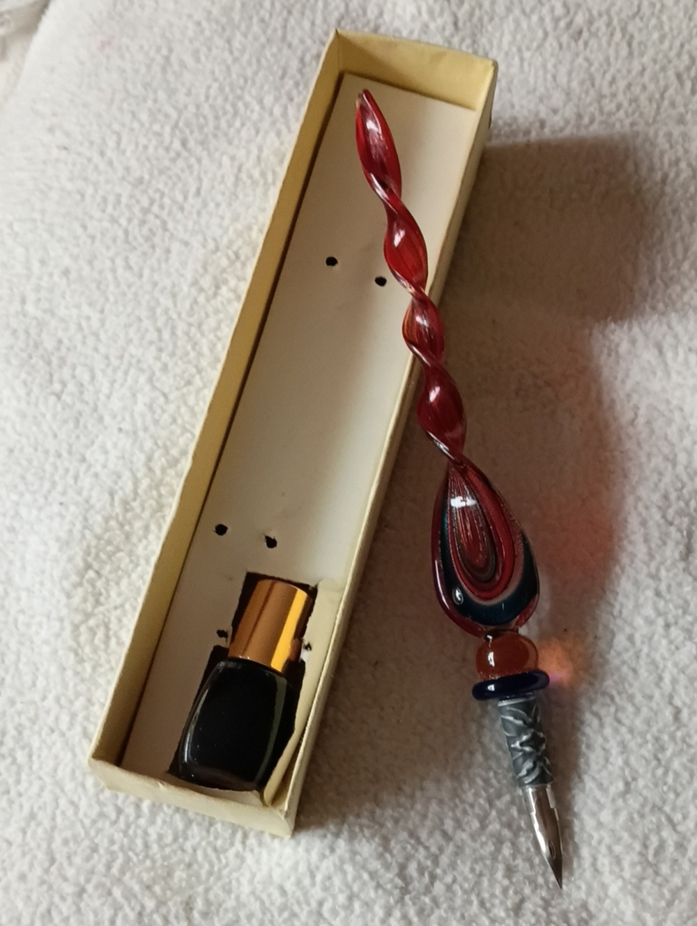 Red Swirl Glass Dip Pen with Ink Bottle, Maybe Murano, New!